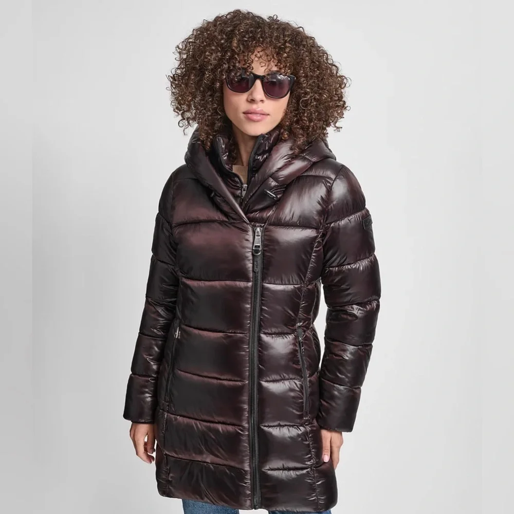 ❄️ DKNY Metallic burgundy Black Cherry 🍒 Bib Packable Shiny Bomber Jacket Coat - Picture 3 of 7